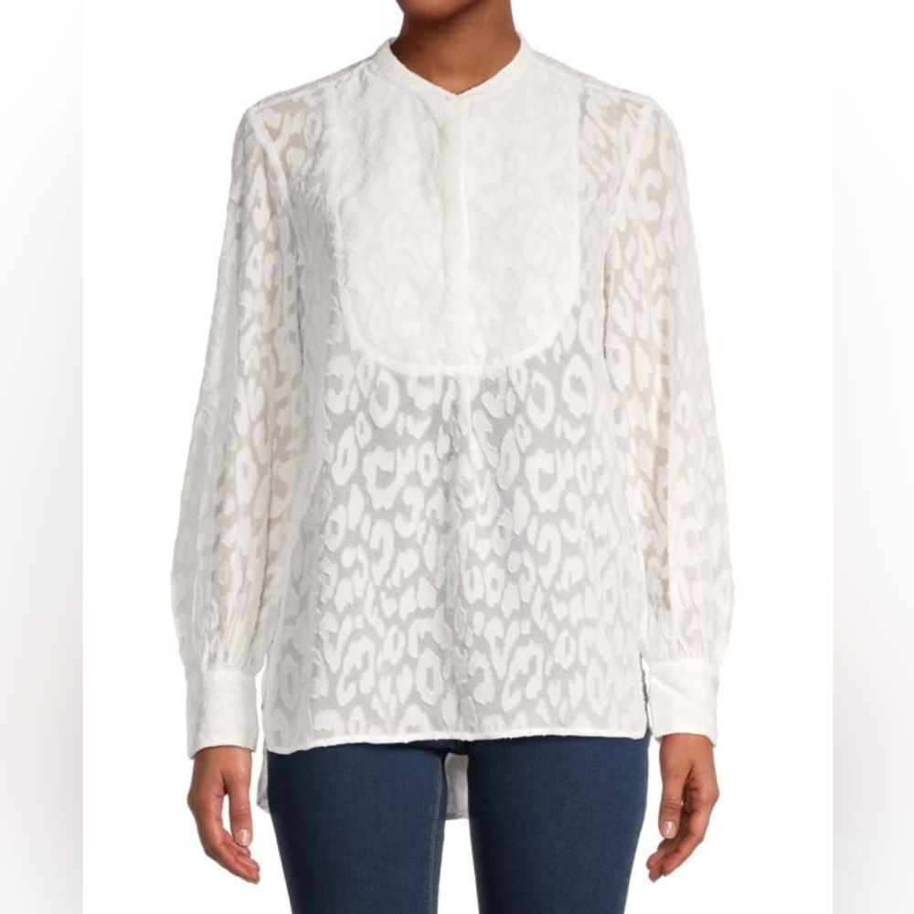 French Connection White Textured Long Sleeve Blouse